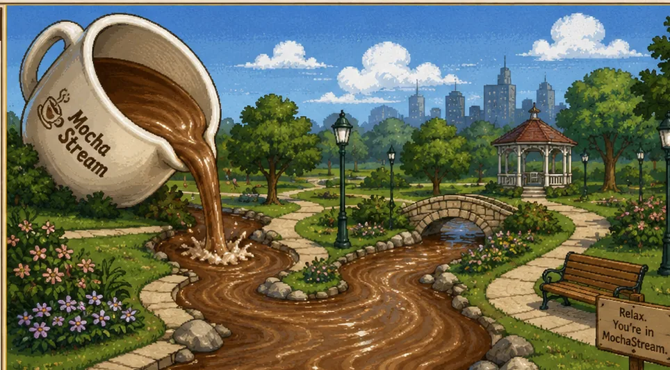 A mocha cup pouring a river through a park